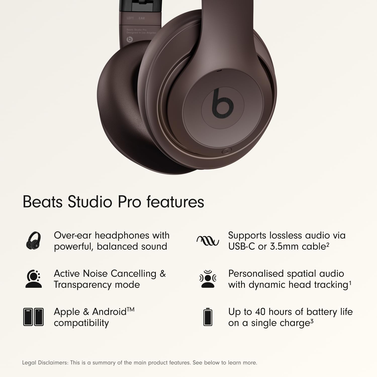 Beats Studio Pro - Premium Wireless Over-Ear Headphones- Up to 40-Hour Battery Life, Active Noise Cancelling, USB-C Lossless Audio, Apple & Android Compatible - Deep Brown