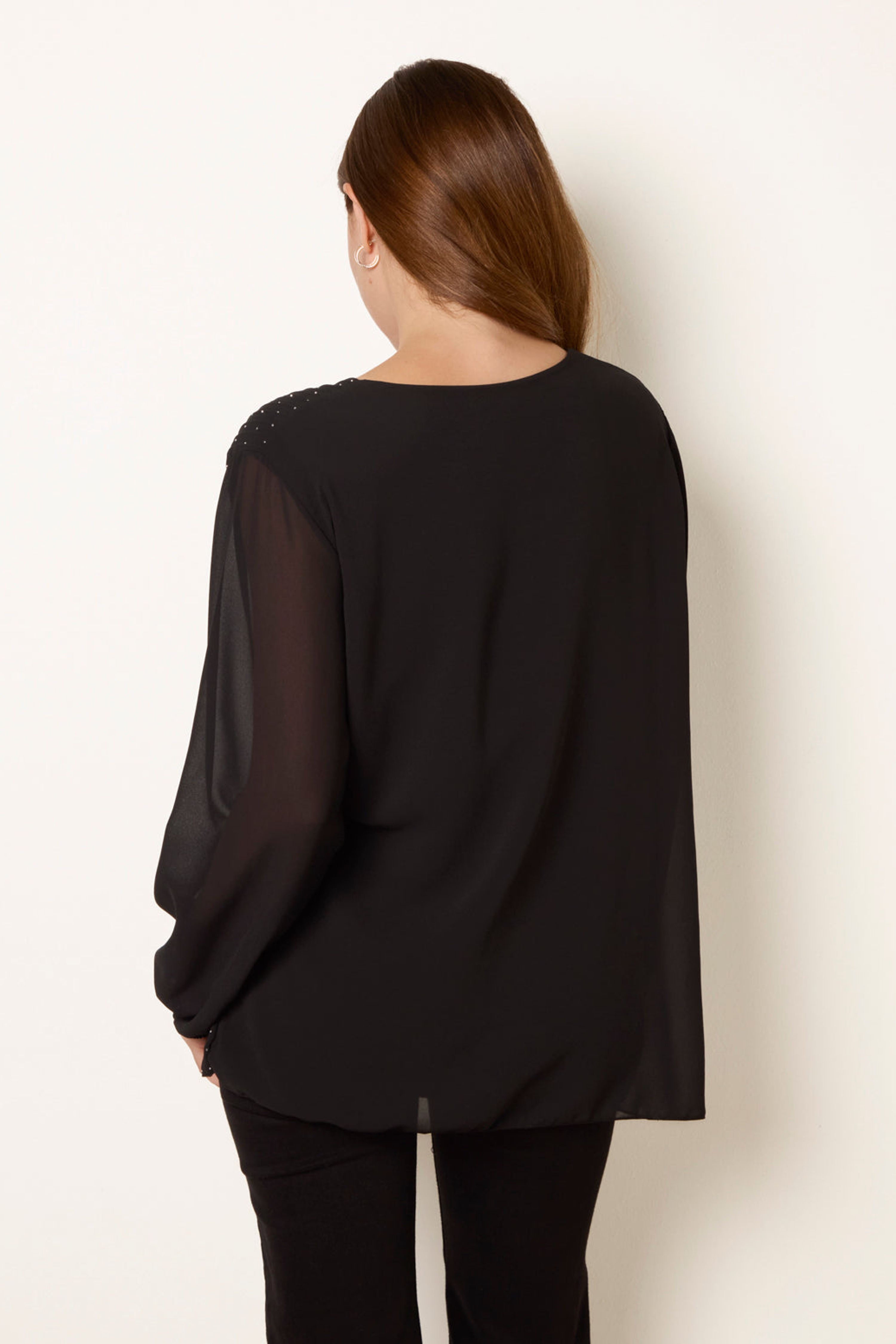 Blue Vanilla Black Rhinestone Pleated Chiffon Top