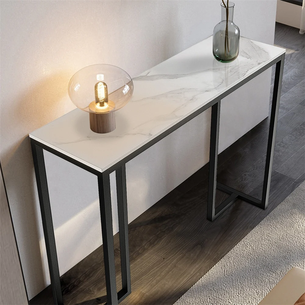 UNHO Modern White Marble Sofa Table with Metal Legs Console Table