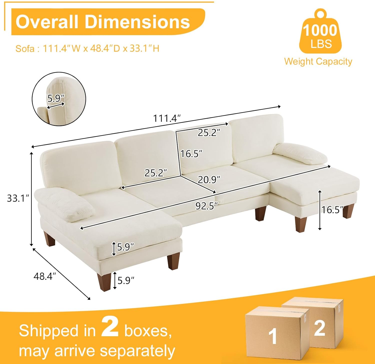 Karl home 111 Sectional Sofa U-Shaped 4-Seat Couch with Chaises Wood Grian Legs Chenille Fabric Upholstered for Living Room, Apartment, Office, Beige