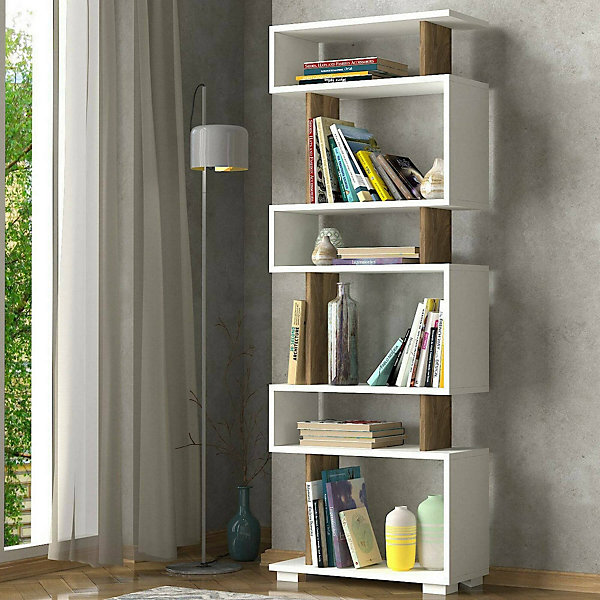 Bibliothèque Panopea, Etagère de bureau, Porte-livre mobile, Librairie, 60x20h165 cm, Blanc et Noyer