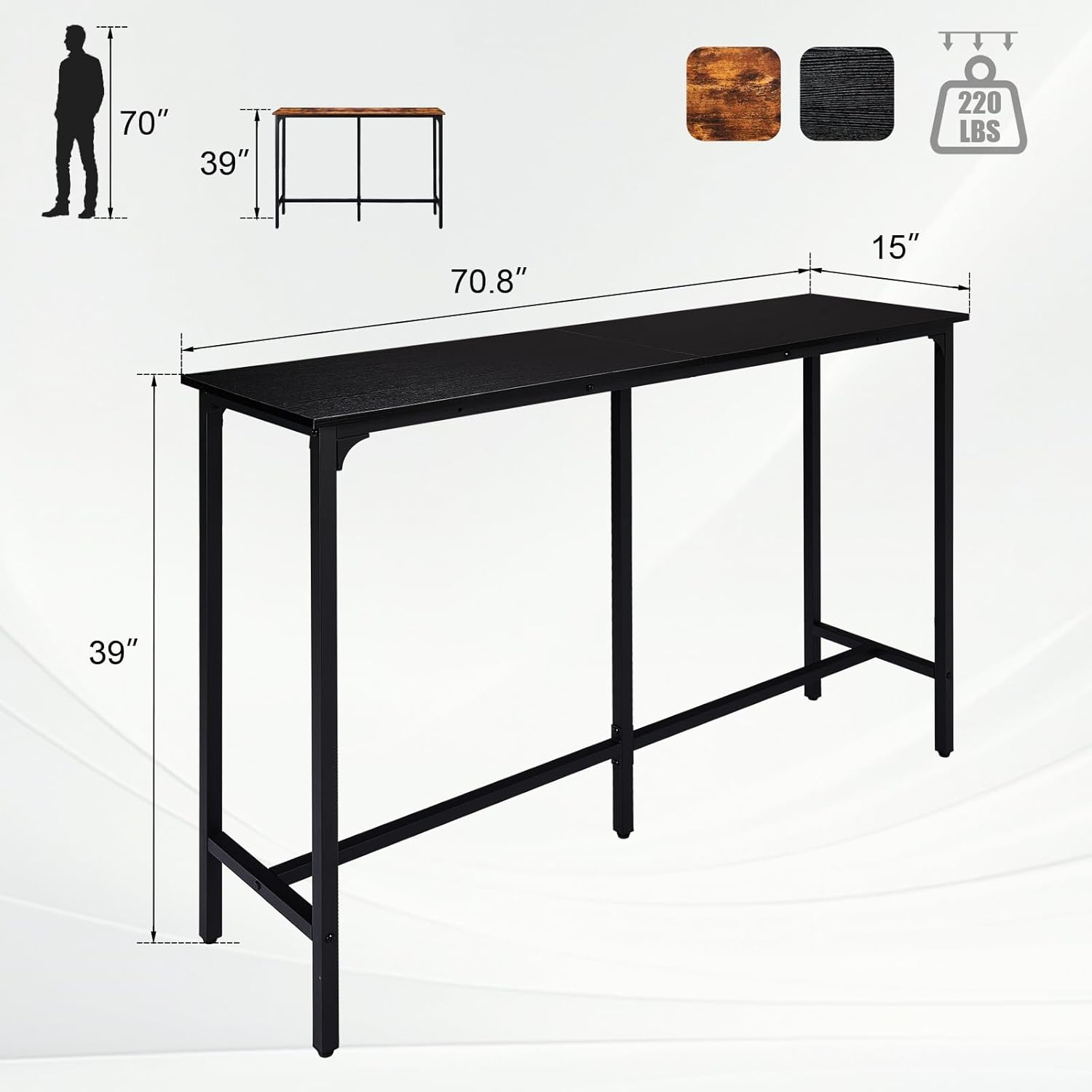 Karl home 71 Bar Table, Rectangular High Top Bar Counter Tables with Sturdy Metal Legs, Counter Height Bar Table for Small Space, Dining&Kitchen, Living Room, Easy Assembly, Black