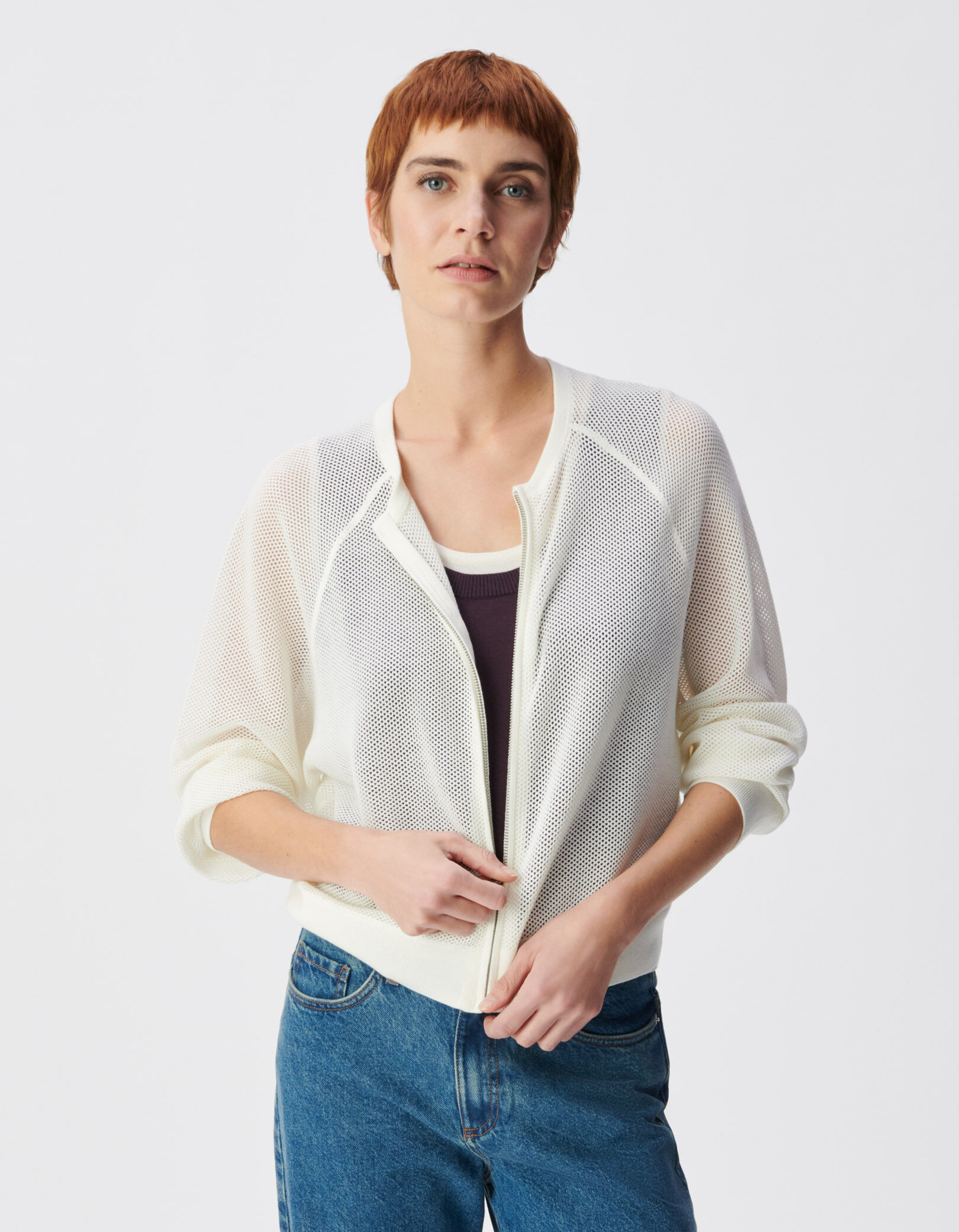 Cardigan zippé blanc tricot ajouré Femme
