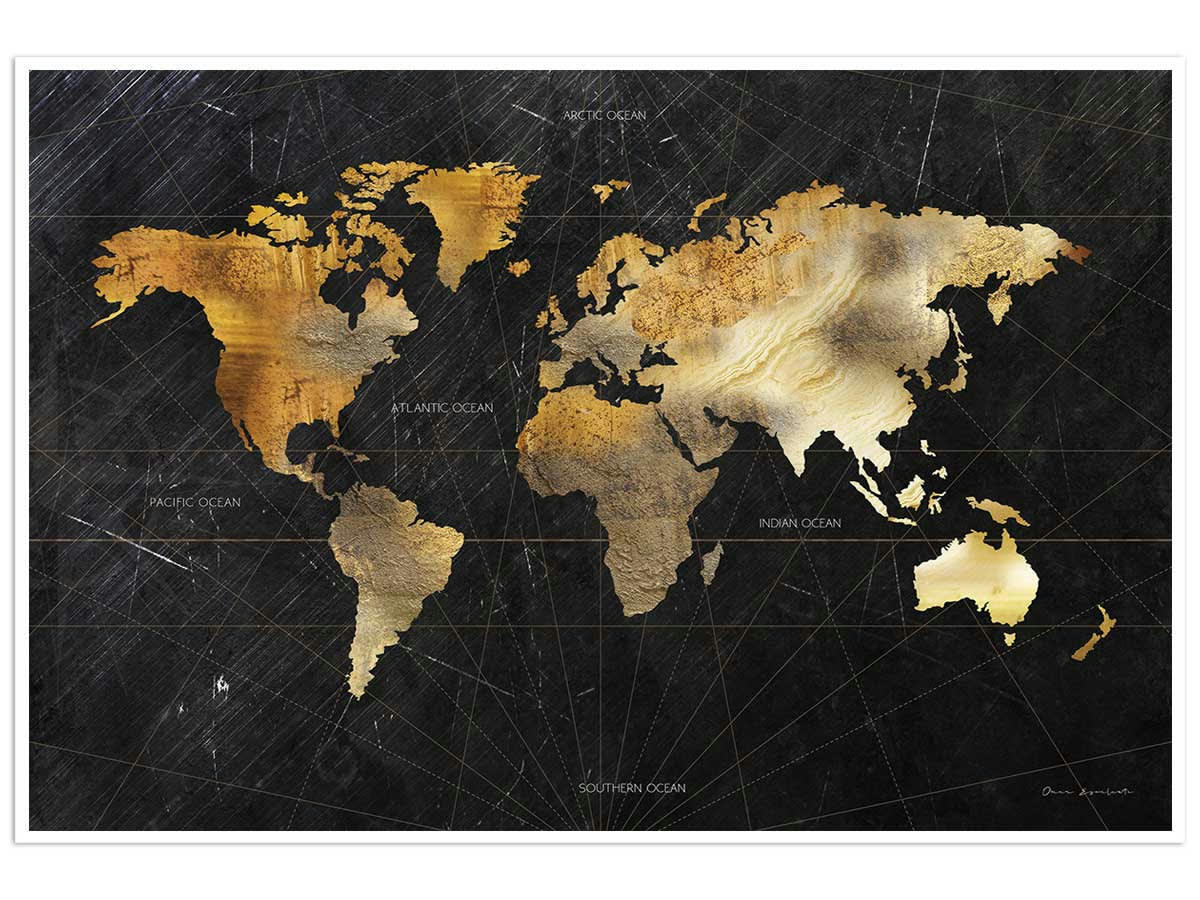 - Affiche carte du monde dorée sans cadre 30x20cm
