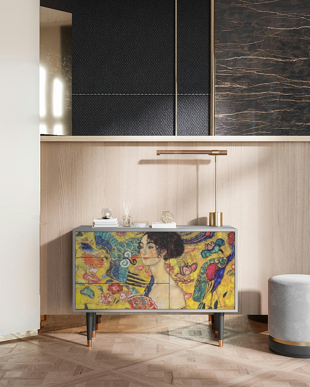 LADY WITH FAN BY GUSTAV KLIMT - Buffet  jaune 3 tiroirs et 1 porte L 115 cm