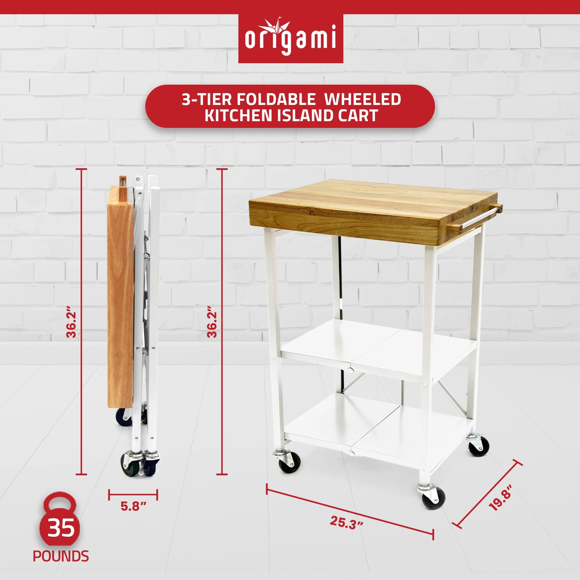 Origami Foldable Wheeled Portable Solid Wood Top Kitchen Island Bar Cart, White - 35