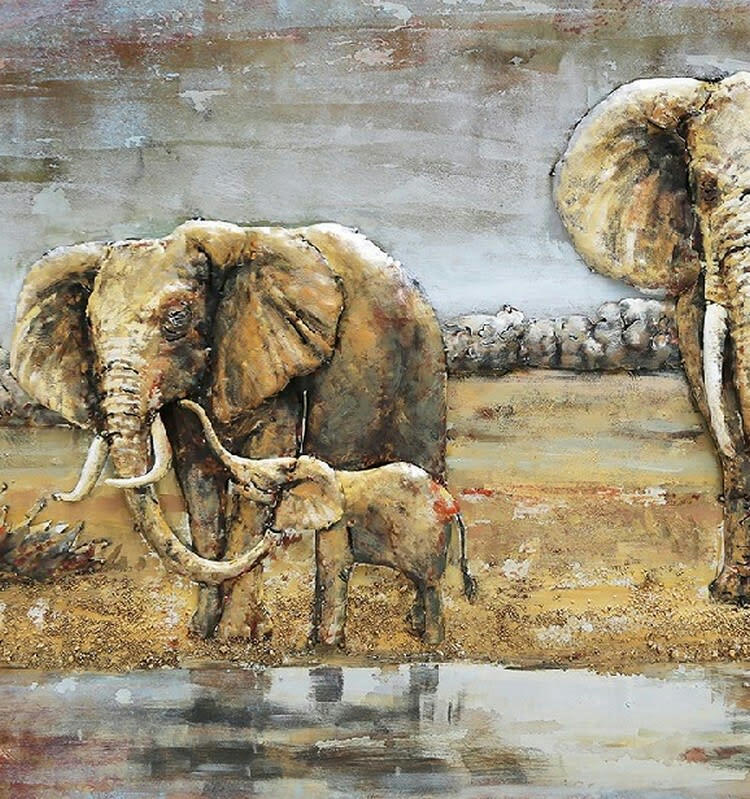 MÉTAL BRASS - Tableau relief en métal éléphants en famille 120x80