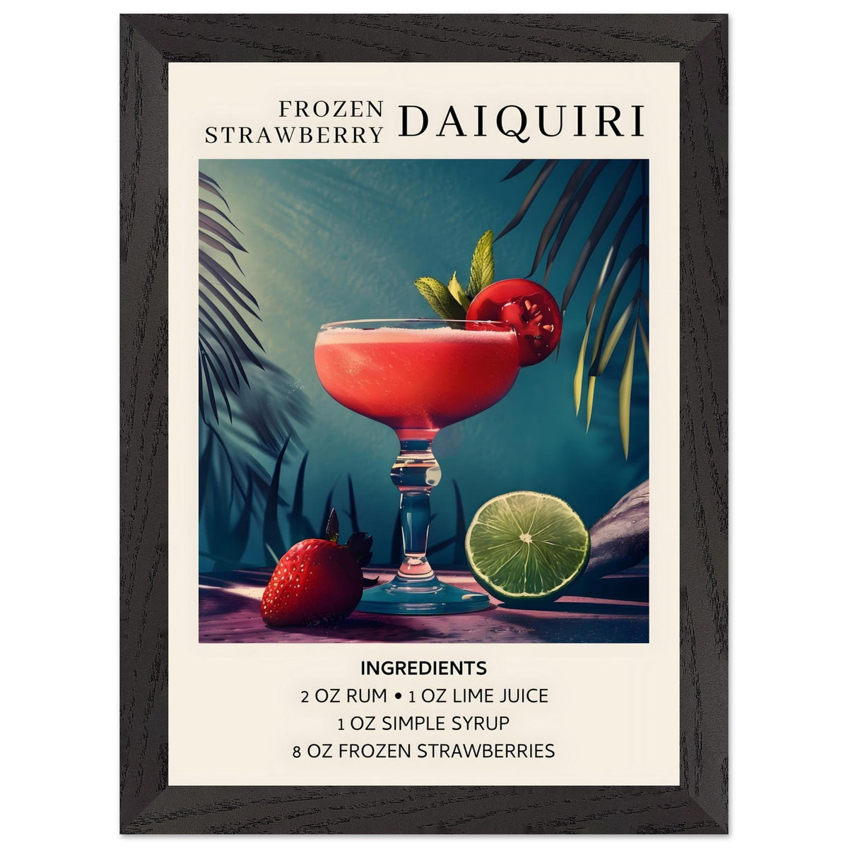 Artfulprints Poster met Lijst Frozen Strawberry Daiquiri cocktail - Ingrediënten  - A4 21x29.7 cm - Meerkleurig