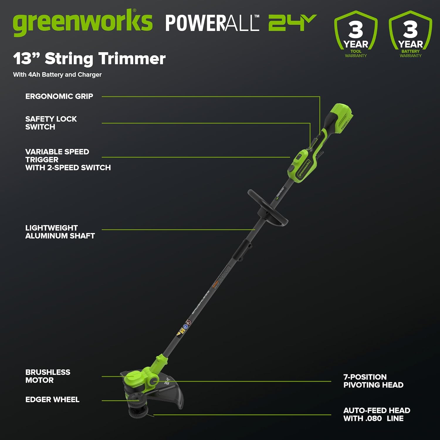 Greenworks 24V 13 Brushless String Trimmer, 2-in-1 Trimmer/Edger with Auto-Feed, 4.0Ah Battery, 65W Type-C Charger, 10 Blades, 3-Year Warranty, Powers 200+ Tools