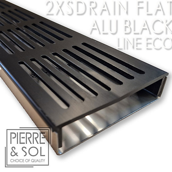 Caniveau Inox Large Hauteur 2 cm - 2XSDRAINFLAT EASY Grille Aluminium Noire - LINE ECO - Pièce en T