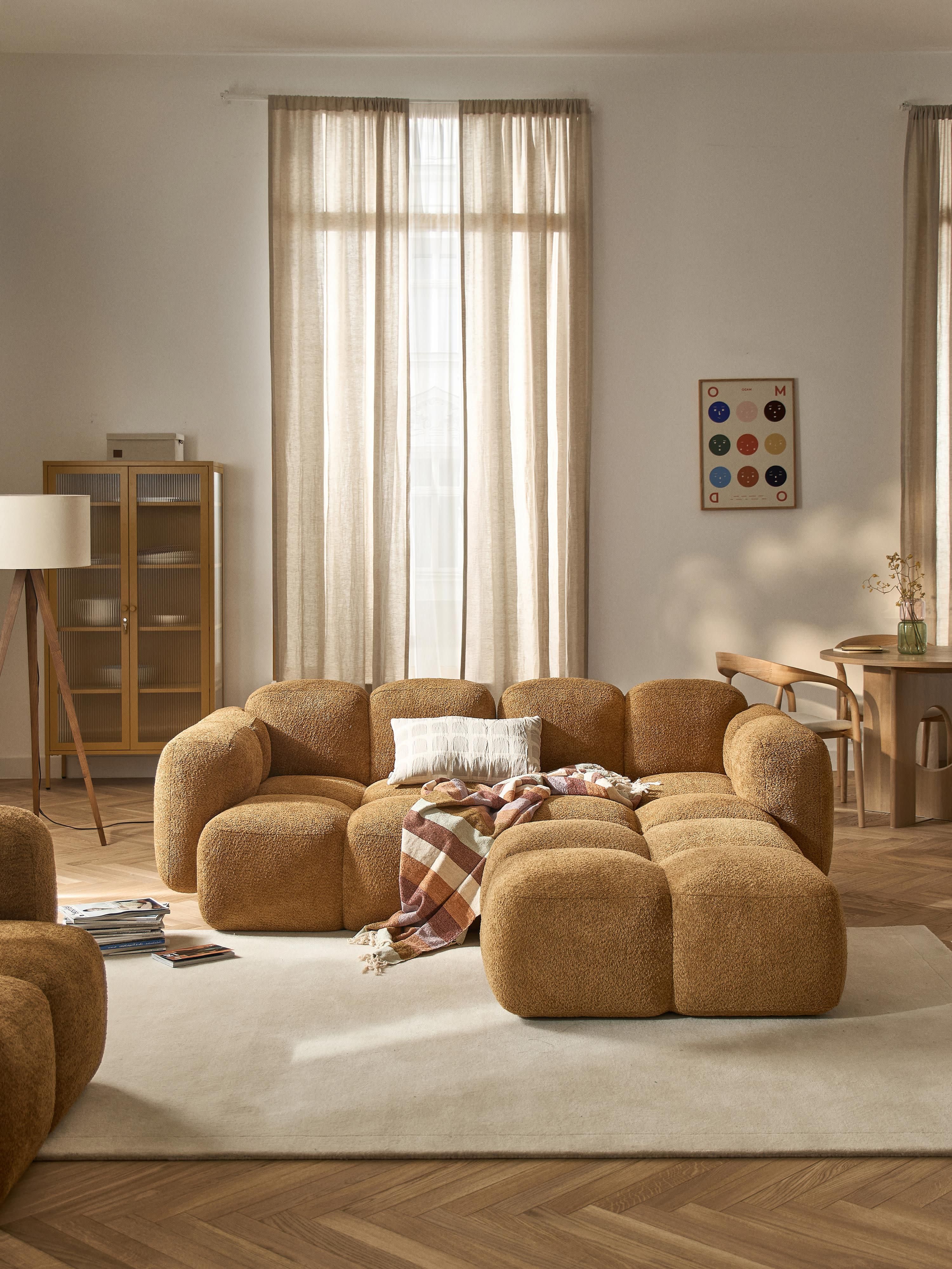 Modulares Sofa Tayla (3-Sitzer) aus Teddy-Bouclé mit Hocker (links/rechts)
