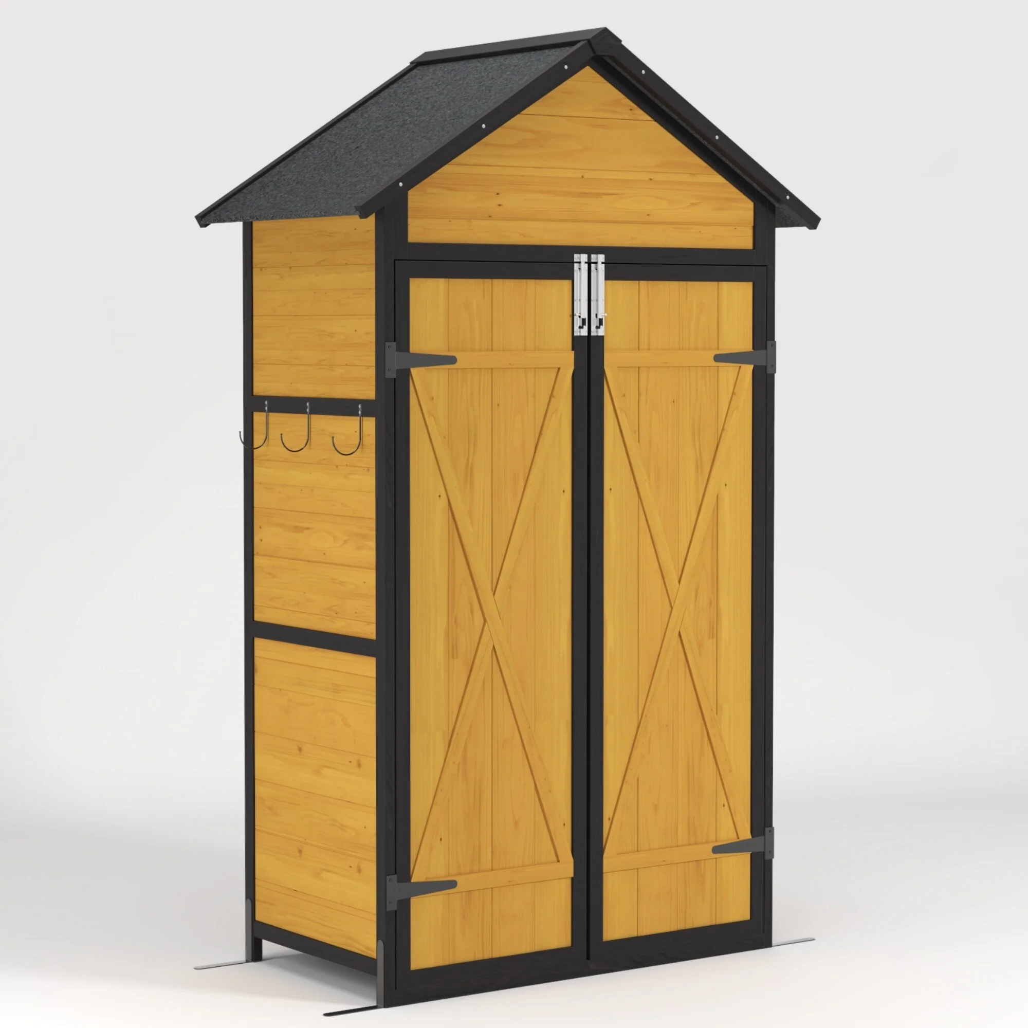 Wood Storage Cabinet Shed with Foldable Table & Removable Shelves Garden Tool Shed, Hooks, Lockable Doors