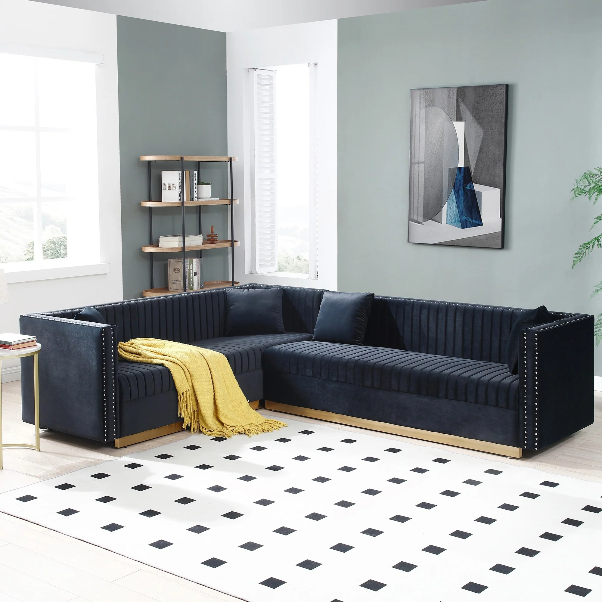 Black 100.8'' Modern Velvet Corner 6-Seat Sectional Sofa with 4 Pillows and Vertical Channel Tufting, Perfect for Living Room