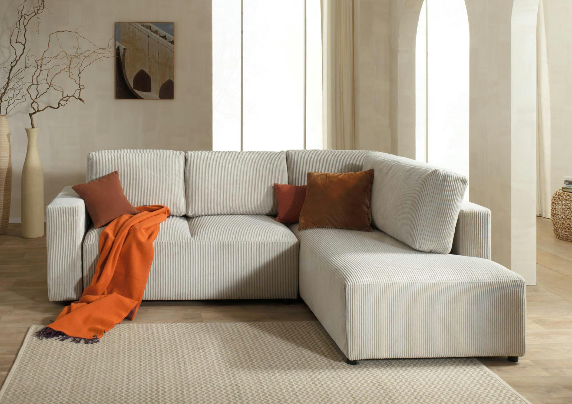 LIVY - Canapé d'angle droit convertible 5 places en velours côtelé beige