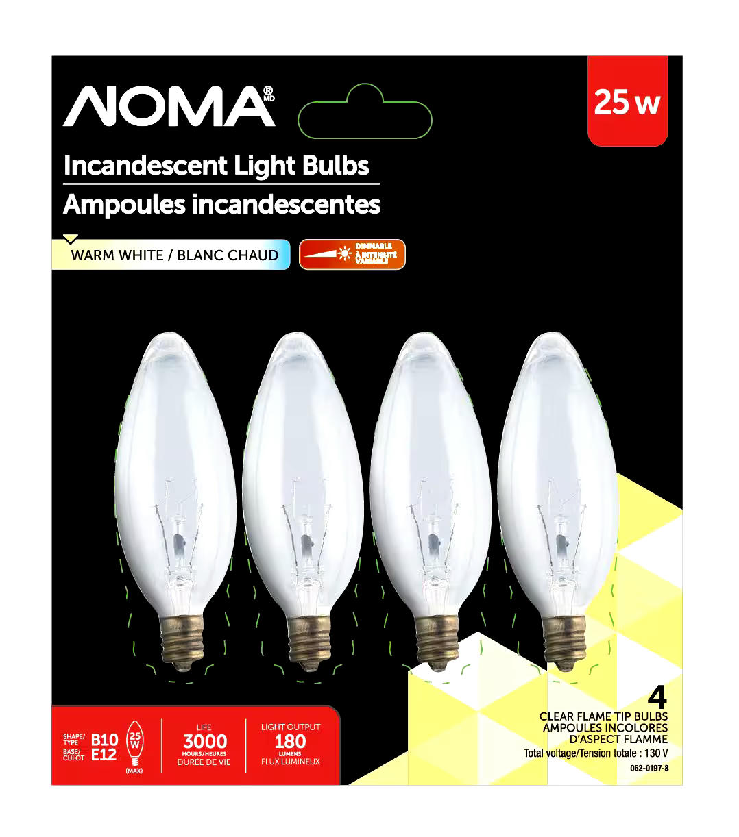 Noma B10 25W Small Base 3000 Hours Incandescent Candelabra Bulbs, 4-pk