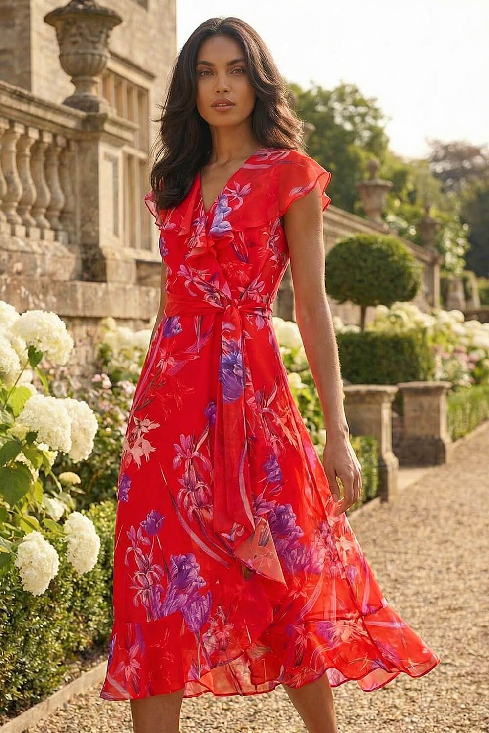 Roman Floral Print Ruffle Wrap Front Midi Dress