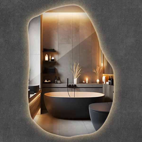 Miroir LED Organique Galet Asymétrique Wallfluent 90x59cm Lumière Chaude Salle de Bain Design Moderne