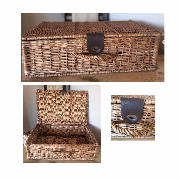 Vintage French Wicker Picnic Basket 1960s, Woven Willow Malle de Pique-Nique Trunk; Leather/Brass Latch, Spring Hinges, Country French Decor