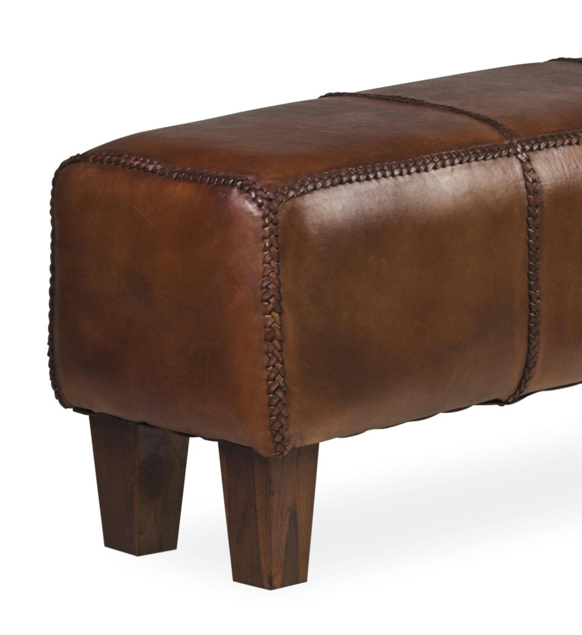- Tabouret rectangulaire en bois de teck et cuir marron L110