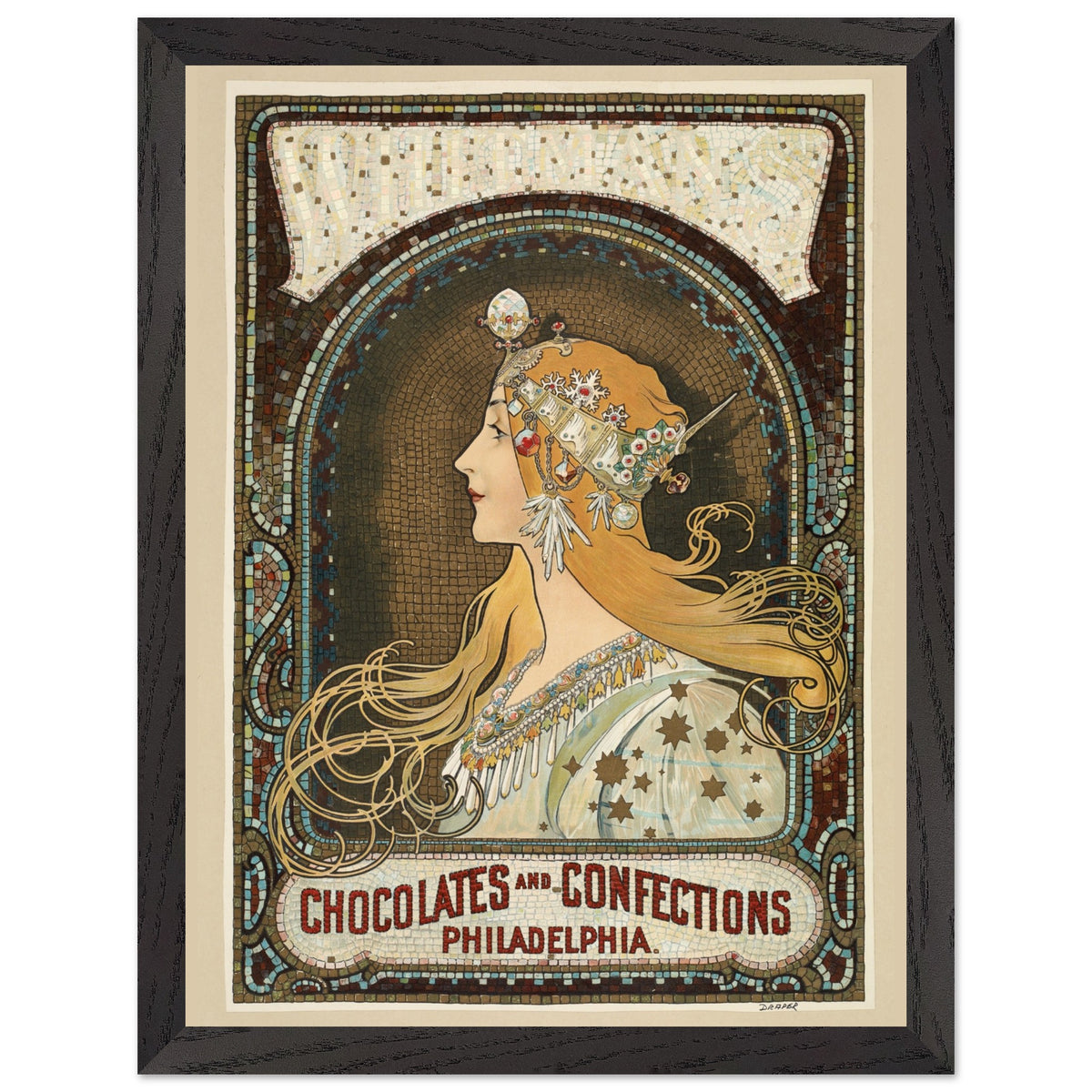Artfulprints Poster met Lijst Alphonse Mucha - Chocolates and confections Philadelphia  - 30x40 cm - Bruin