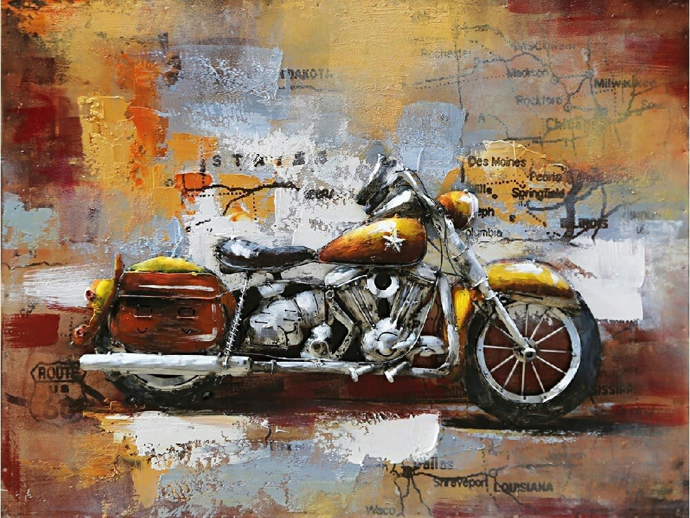 MÉTAL BRASS - Tableau relief en métal harley et usa 80x60