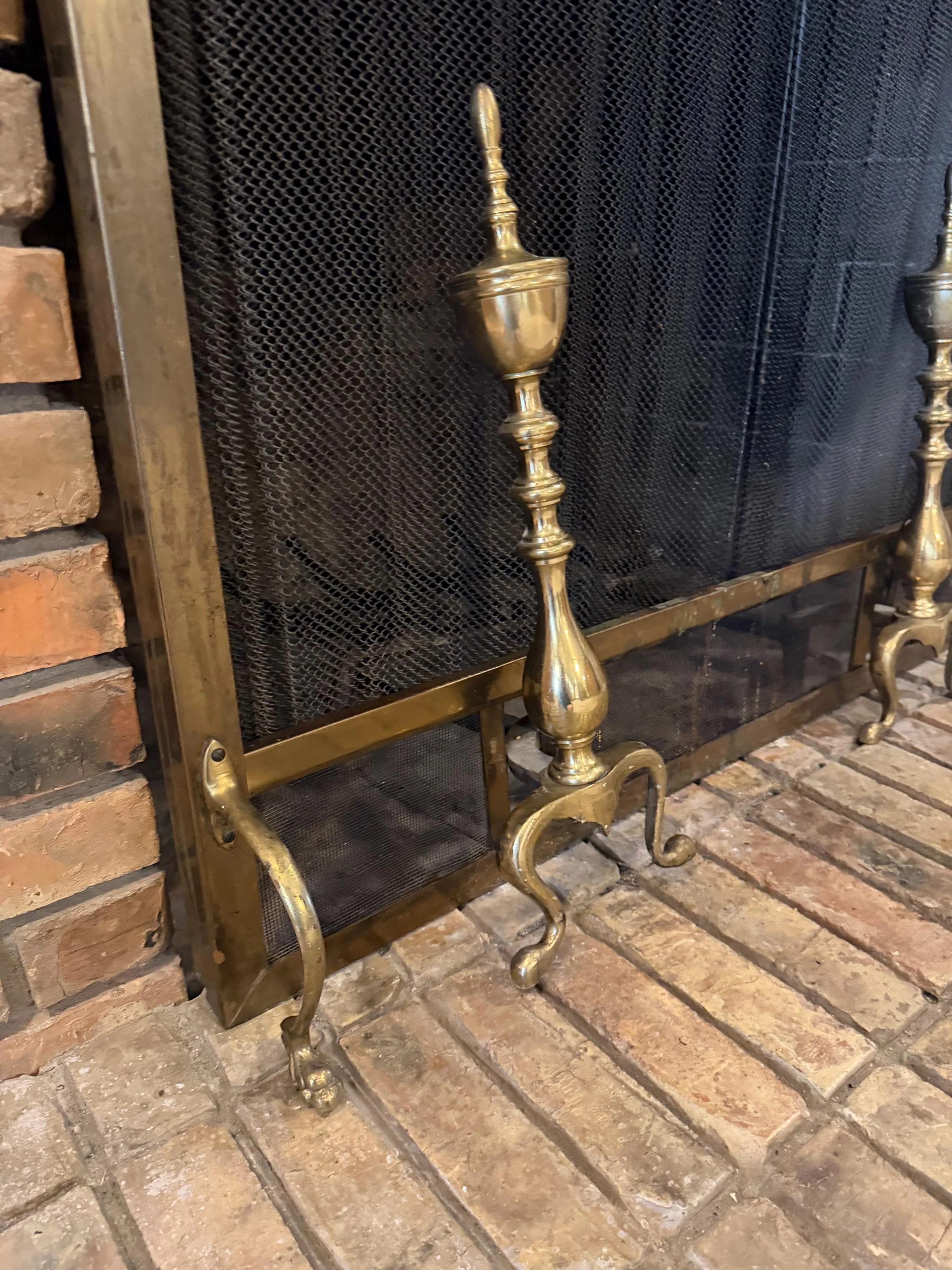 Vintage Brass Fireplace Screen & Matching Andirons Set