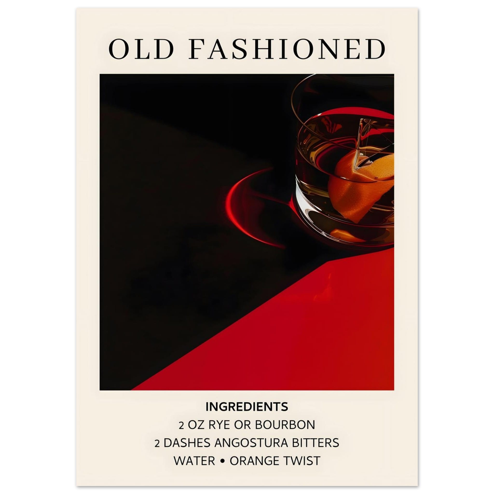 Artfulprints Poster Old Fashioned cocktail - Ingrediënten  - 50x70 cm - Zwart