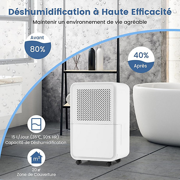 Déshumidificateur d'air 15L/Jour, Réservoir d'Eau 2,4L,avec 2 Vitesses, 4 Roulettes,pour Salon, Bureau, Salle de Bain