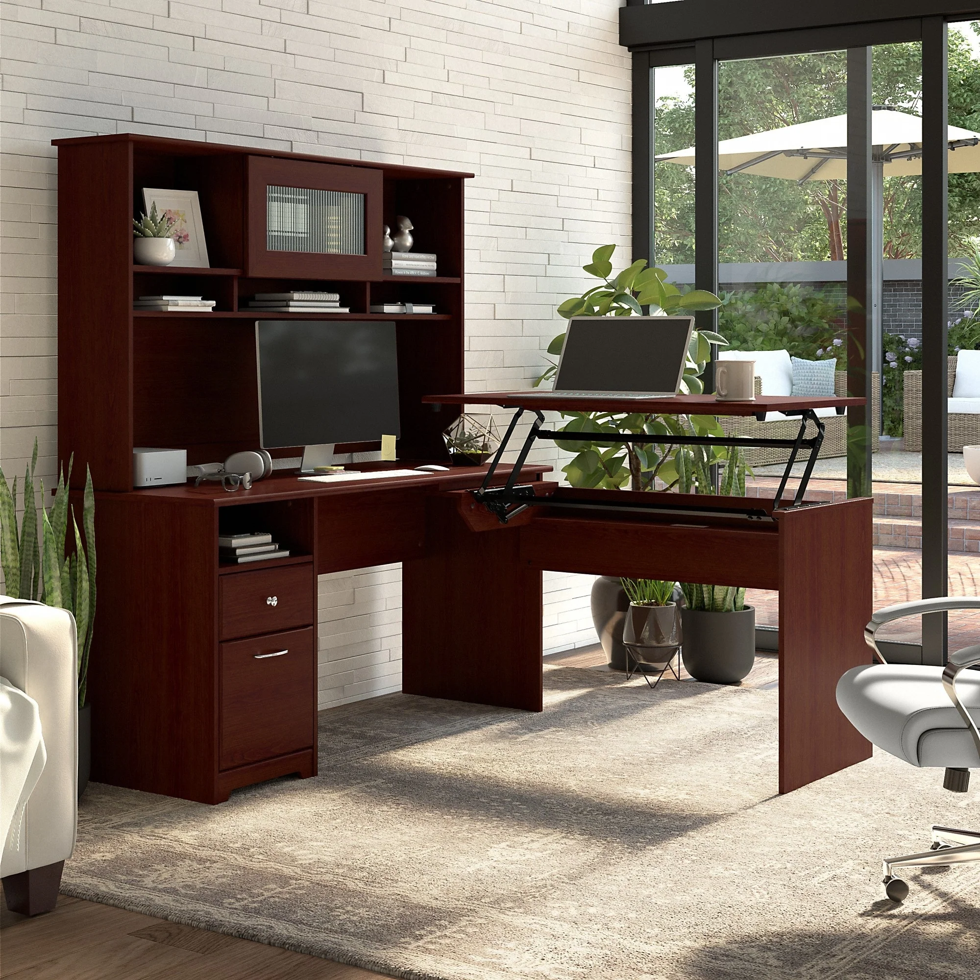 60W 3-position L-shaped Sit to Stand Desk with Hutch by Bush Furniture