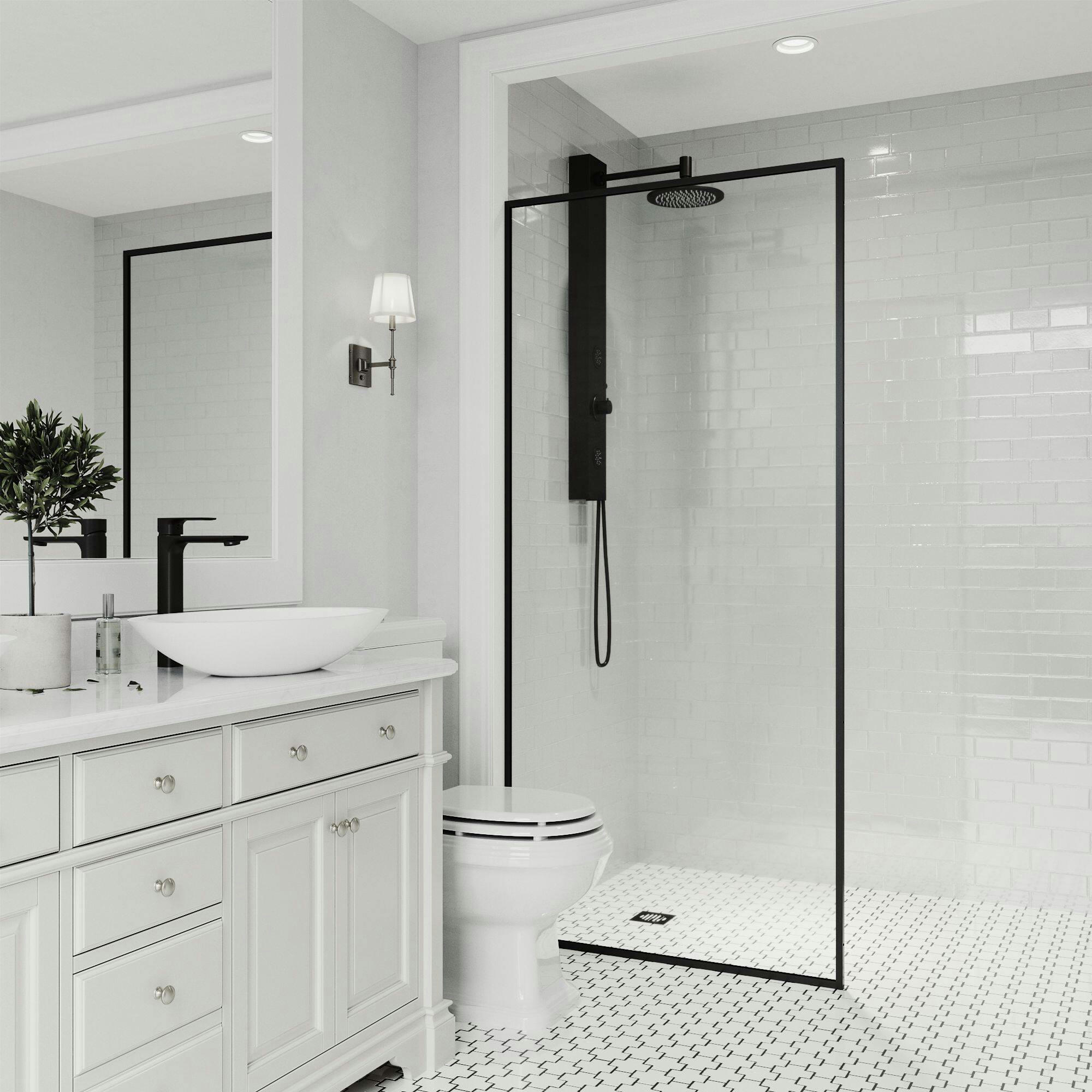 VIGO Meridian Framed Fixed Shower Door/Screen with Clear Glass, Matte Black, 33x73-in