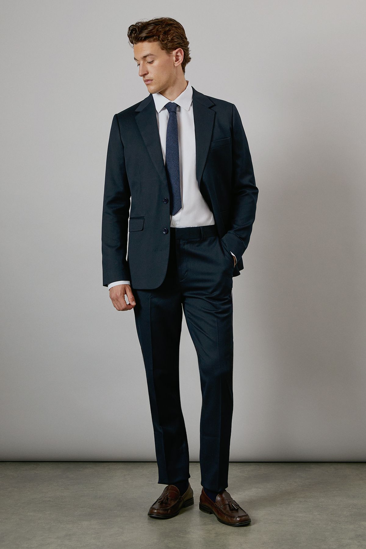 Burton Dark Navy Textured Stretch Slim Fit Suit Trouser