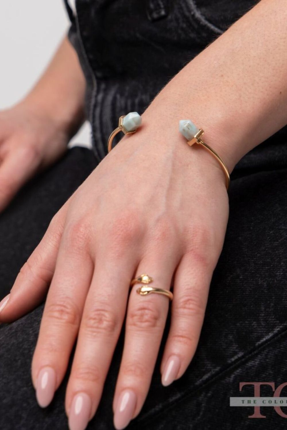 The Colourful Aura Adjustable Turquoise Stone Pencil Cuff Golden Beach Ornament Bangle