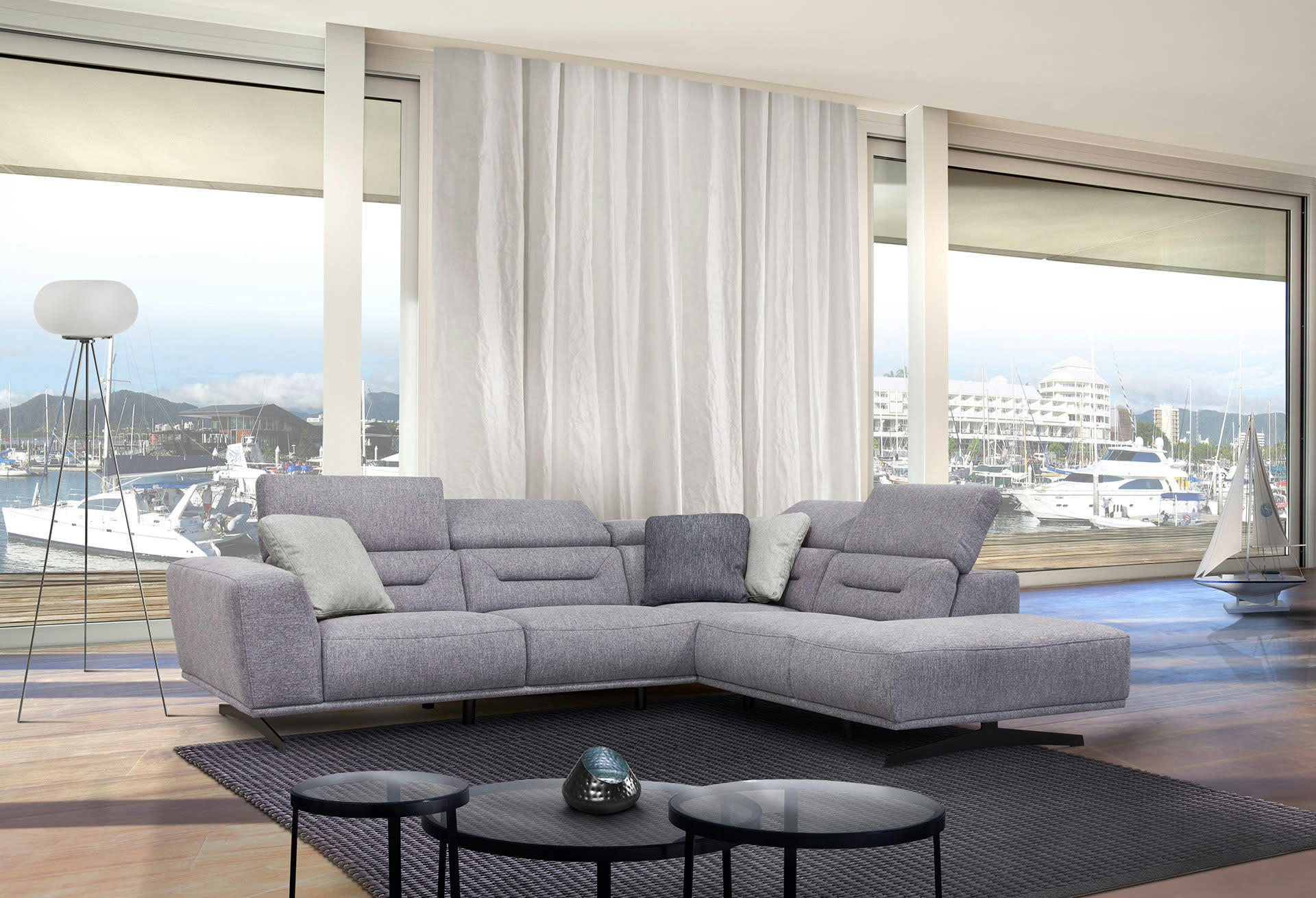 LUCANO - Canapé d'angle droit 5 places tissu bleu clair