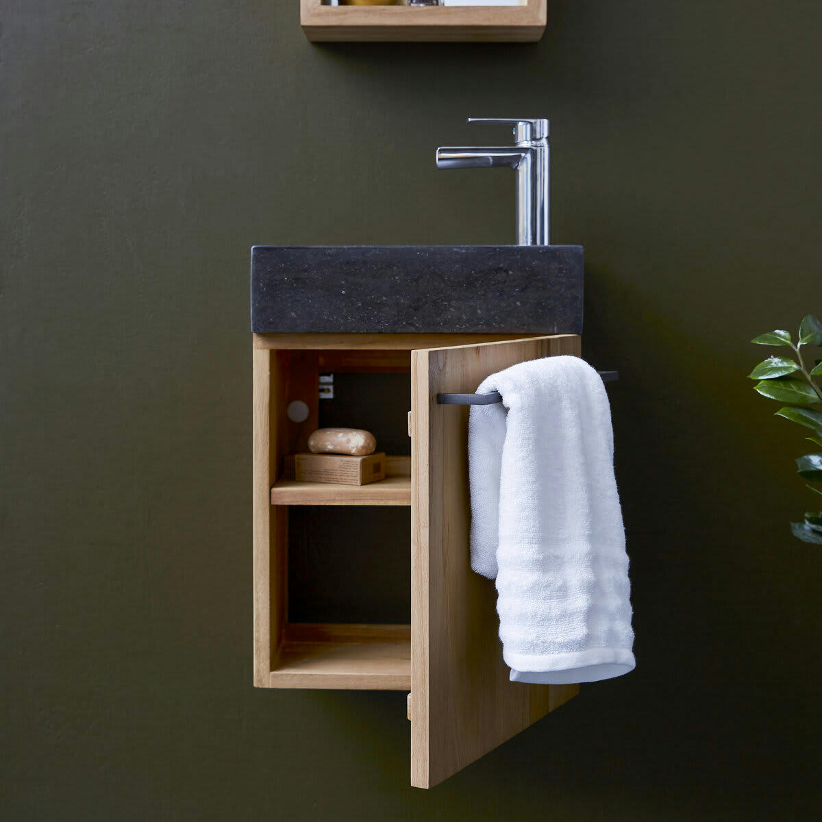 STELLE - Meuble Lave main en teck massif et marbre black