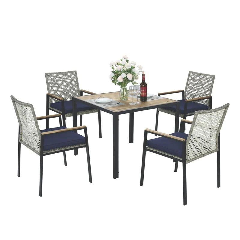 All Weather 5-Piece Patio Dining Table Set, Acacia Wood Top with Umbrella Hole, Rattan Outdoor Conversation Set