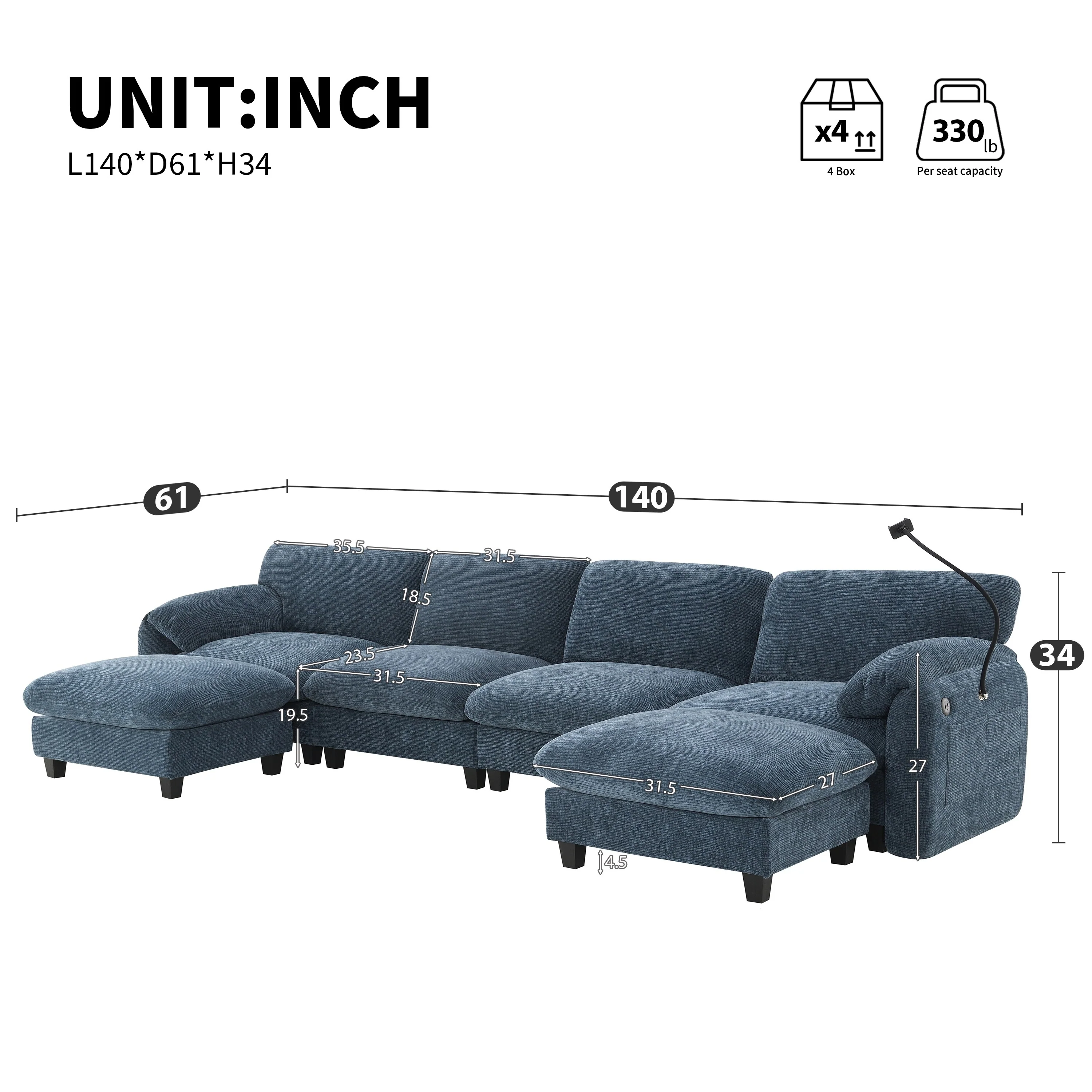 Modular Sectional Sofa,U-Shape with 31.5 Extra-Wide Seat Cushion,USB and Type-C Charger,Phone Holder and 2 Side Storage Pockets
