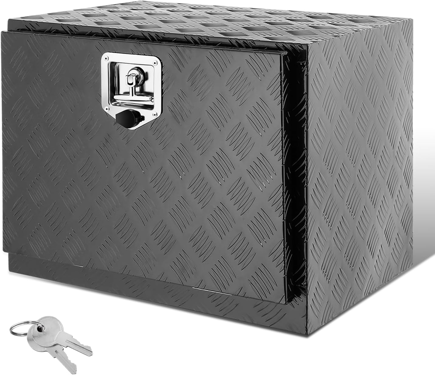 Underbody Truck Box, 24'' D x 17.7W x 18.1H Pickup Storage Box, Heavy Duty Aluminum Diamond Plate Tool Box with Lock and Keys, Waterproof Trailer Storage Box with T-Handle Latch - Black