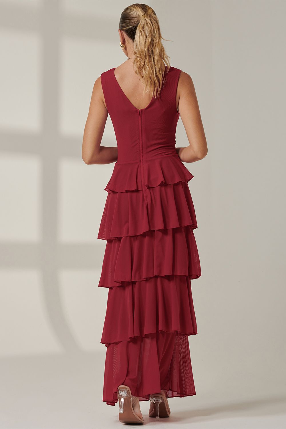 Jolie Moi Plain Tiered Mesh Maxi Dress
