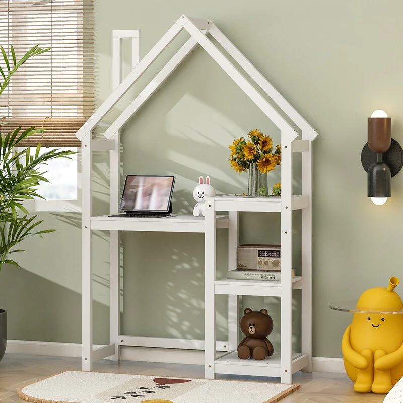 House-shaped Wooden Kids Writing Desk,Study Table with Shelves