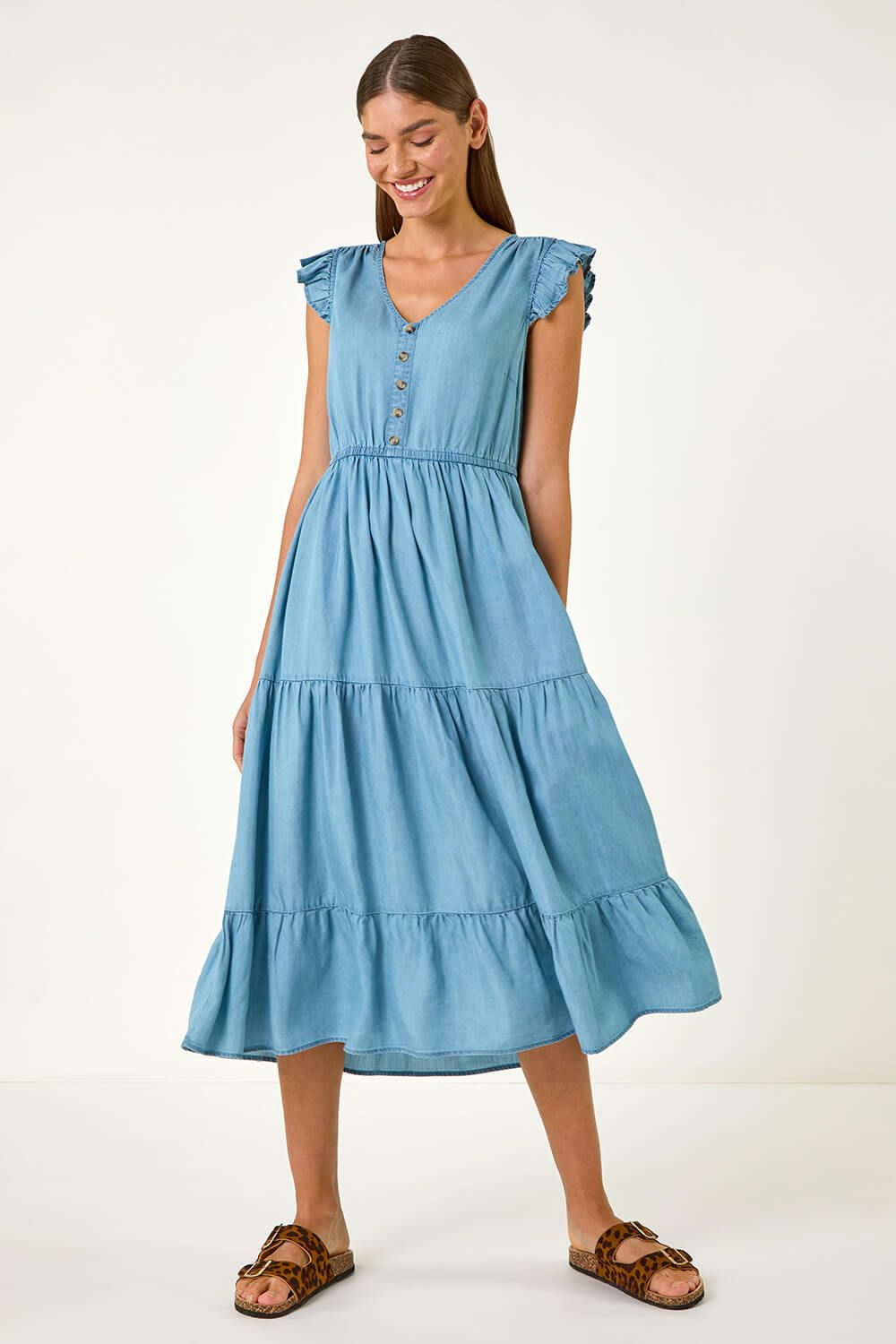 Roman Tiered Frill Sleeve Midi Dress