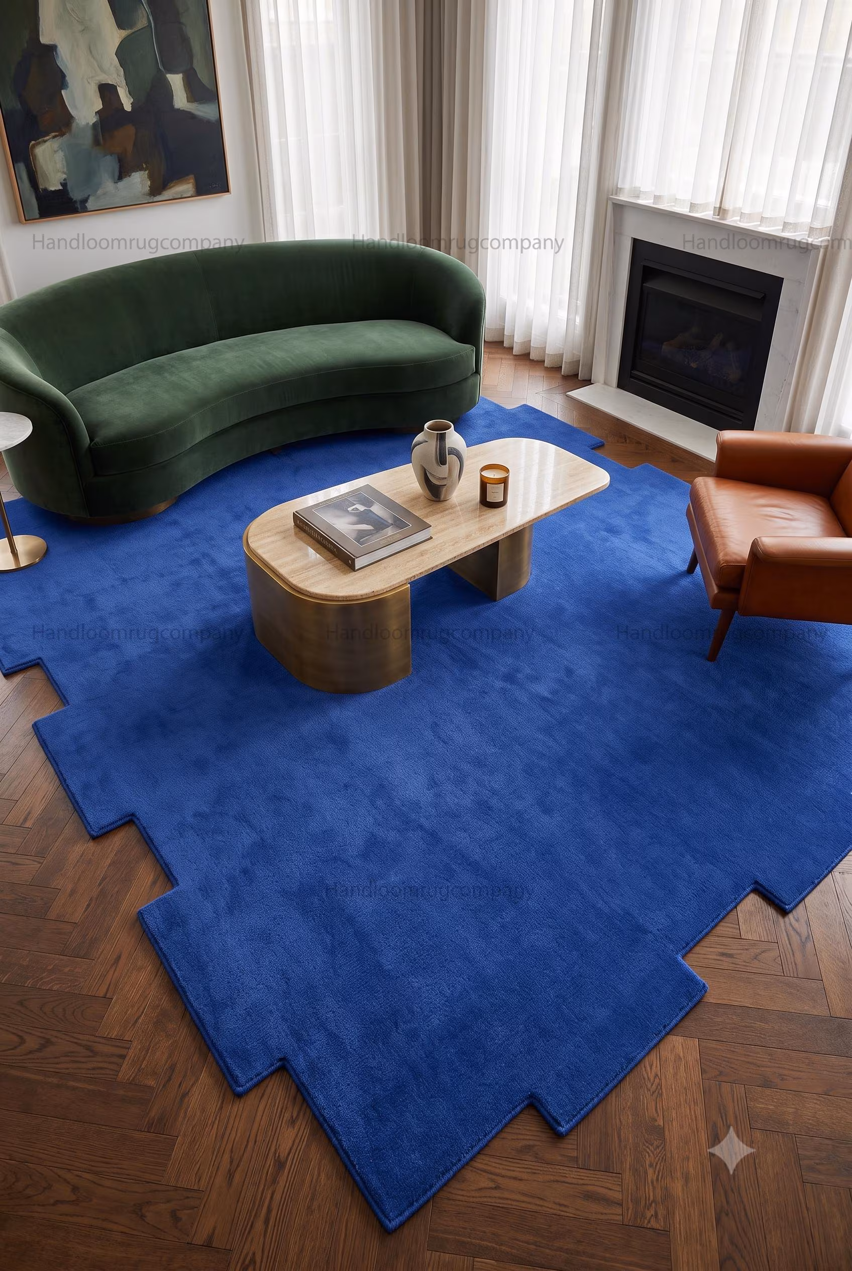 Handloom New Zealand Wool Rug Royal Blue Stepped Border Area Carpet Modern Abstract Solid Plush Mat Notched Scalloped Edge Aesthetic Decor
