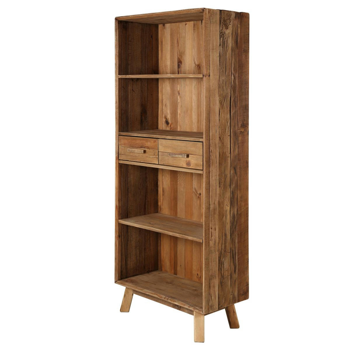 NEBRASKA - Bibliothèque en pin recyclé 4 niches et 2 tiroirs