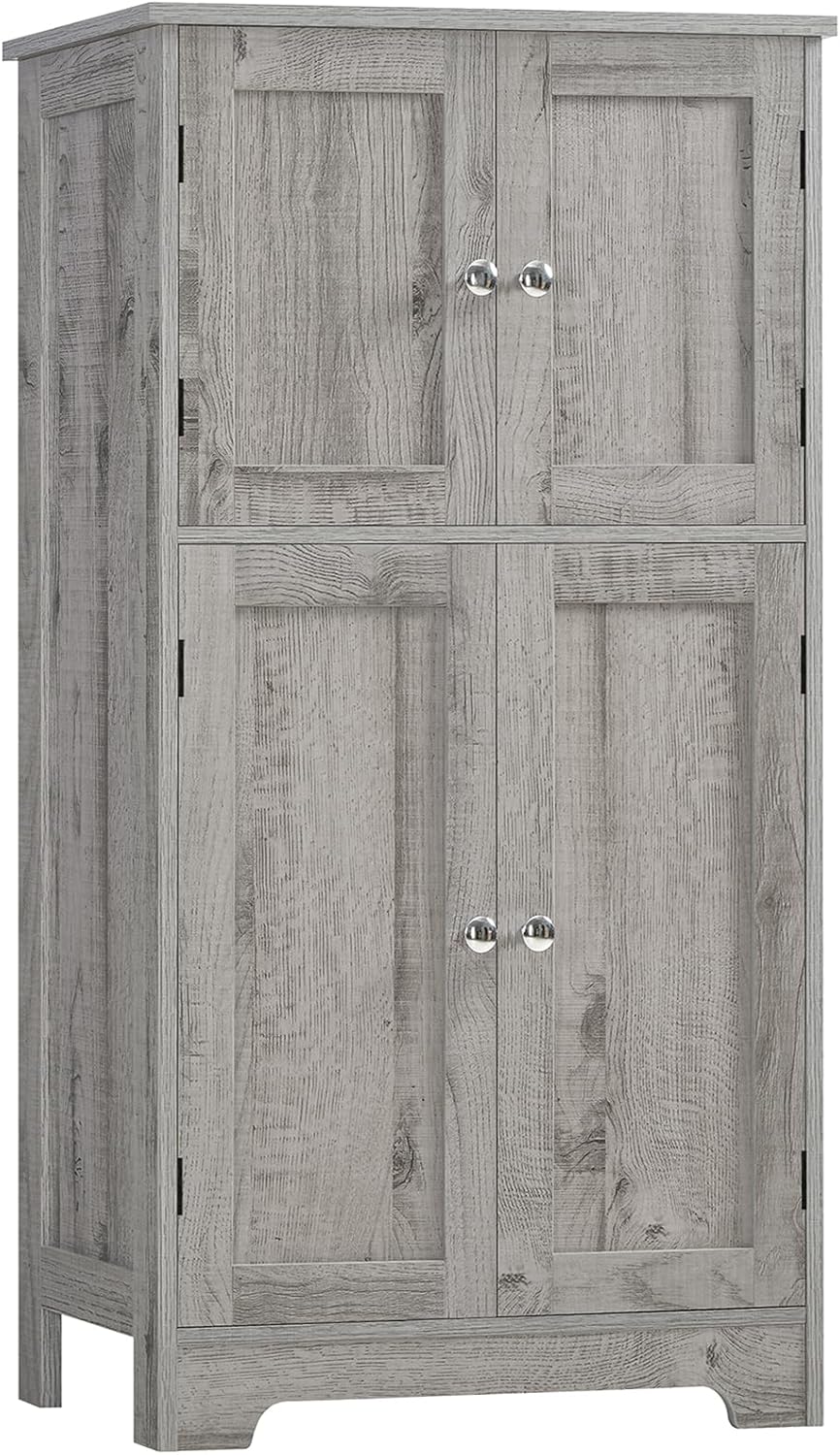 TEENFON Bathroom Floor Storage Cabinet, Freestanding Bathroom Storage Unit with 2 Adjustable Shelves & 4 Doors, 11.8 x 23.6 x 42.7 Inches, Grey