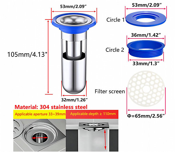 CODEKEY Lot de 1 Pièces 53x105x32mm Anti Odeur pour Sol de Douche, Siphon de Sol, Clapet Anti-Retour pour évier de Douche, Drain d