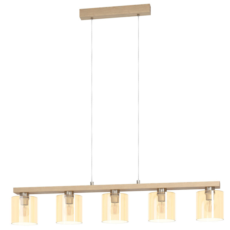 Suspension Castralvo nickel mat et bois clair E27 5 x 28 W EGLO