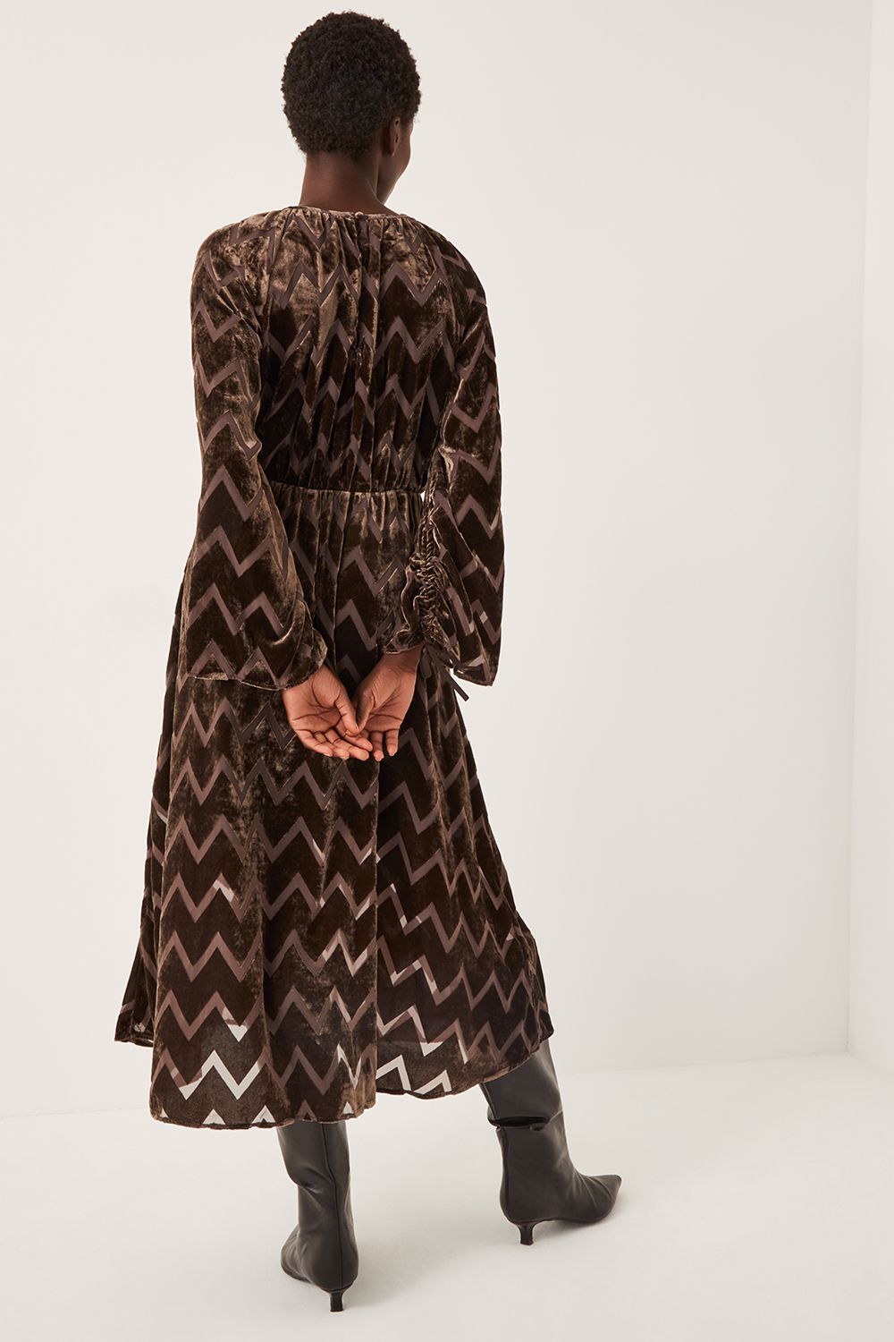 Monsoon Keisha Geometric Velvet Midi Dress Brown