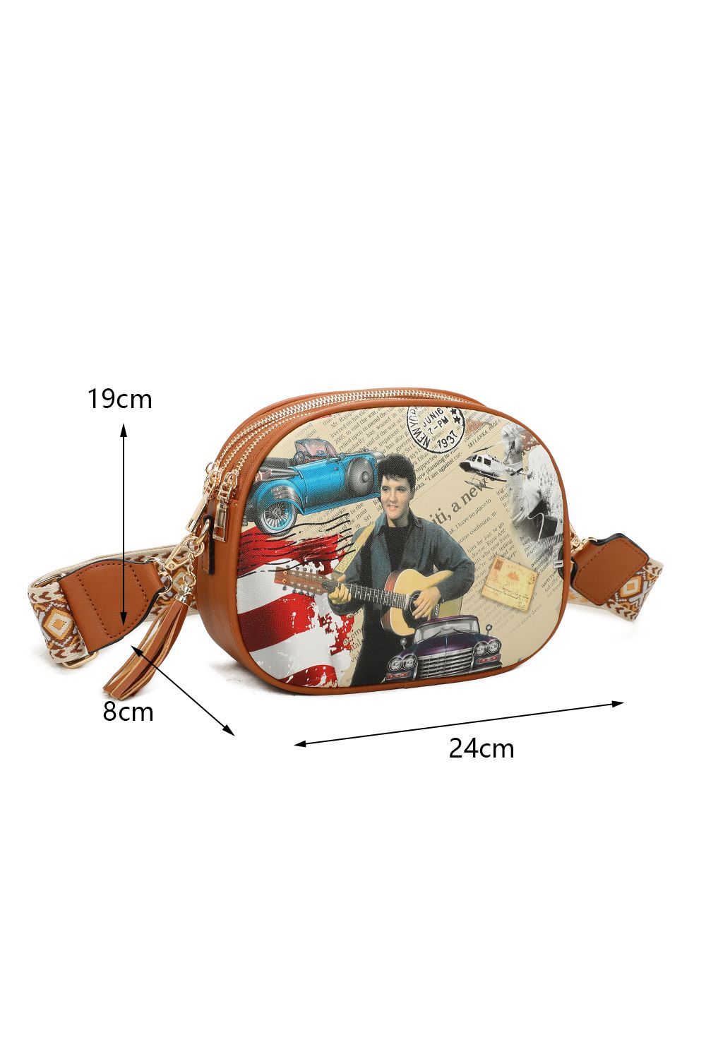 Fontanella Fashion Elvis Printed Triple Compartment Convas Strap Tassel Bag
