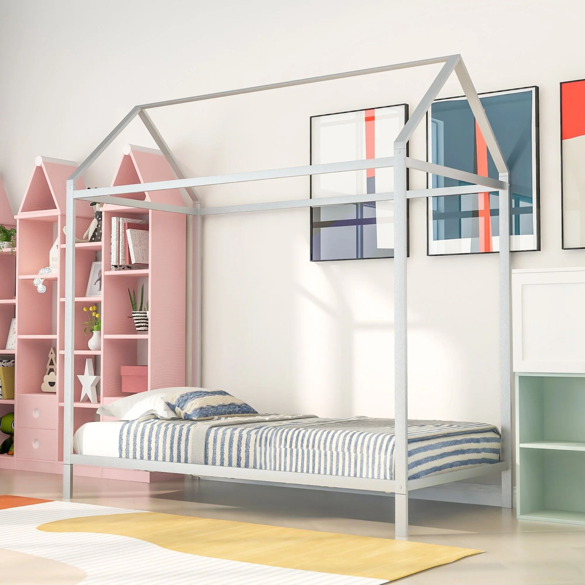 Kids Metal House Bed Frame with Slats, Ideal Playhouse and Sleeping Space