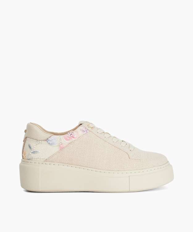 Evienne Natural - Lace-Up Floral Trainers
