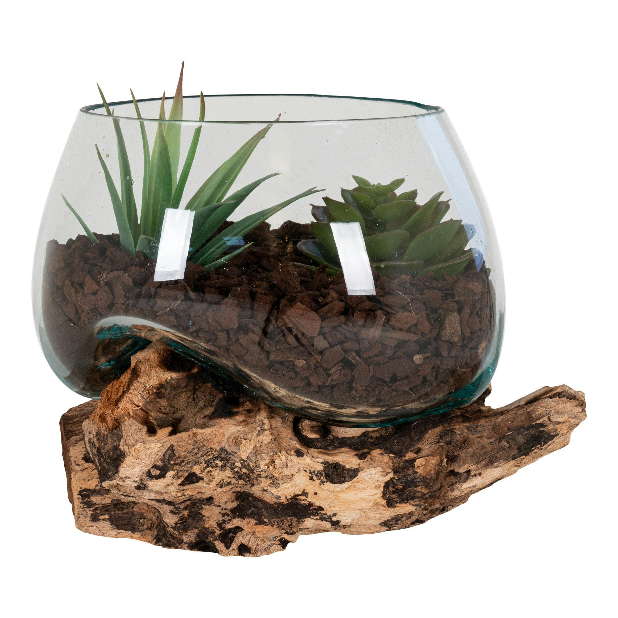 Vase verre soufflé et racine teck, artisanal H 15 cm ARIZONA